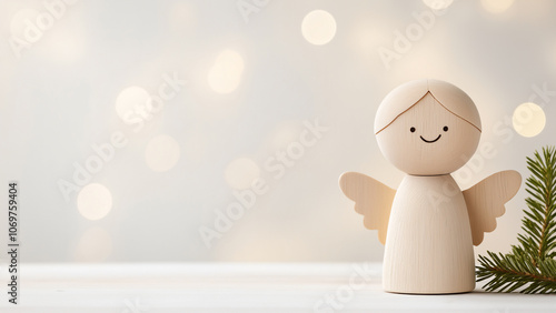Holzfigur eines Lächelnden Weihnachtsengels vor festlich hellem beigen Bokeh Hintergrund mit Tannenzweig, weihnachtlicher Gruß und Dekoration