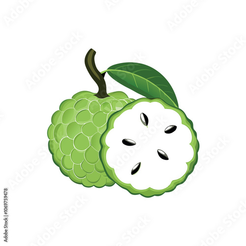 Sugar apple or custard apple with green leaves, isolated on white background