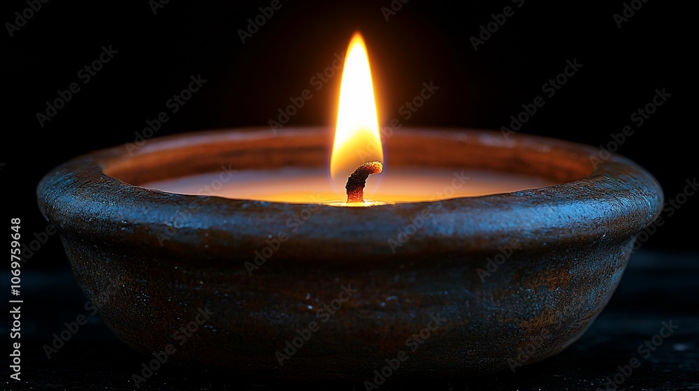 A single candle flame in a brown ceramic holder, burning brightly against a black background. A single candle flame in a brown ceramic holder, burning brightly against a black background.