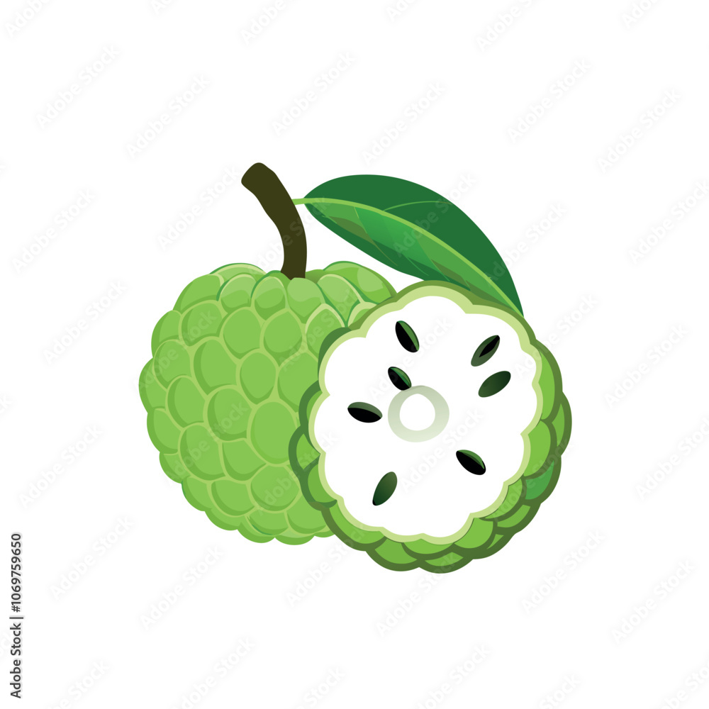 Sugar apple or custard apple with green leaves, isolated on white background Sugar apple or custard apple with green leaves, isolated on white background