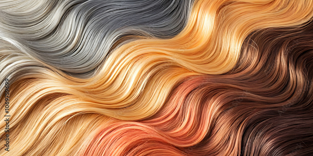 Background of voluminous wavy strands of hair in various shades Background of voluminous wavy strands of hair in various shades