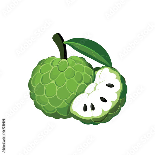 Sugar apple or custard apple with green leaves, isolated on white background