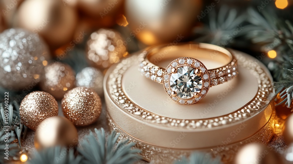 A beautiful diamond ring in a box, surrounded by Christmas ornaments and pine branches. A beautiful diamond ring in a box, surrounded by Christmas ornaments and pine branches.