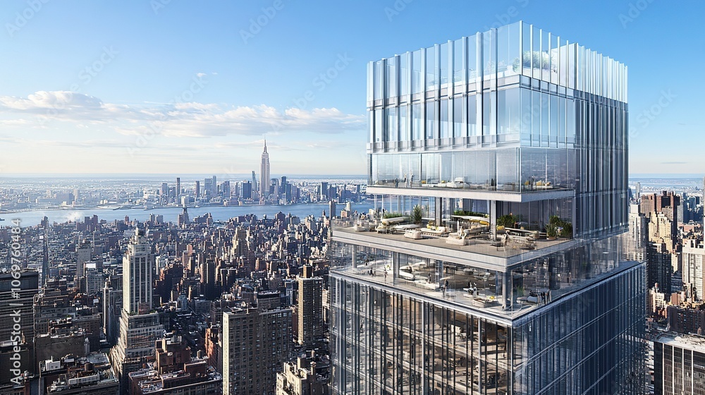 Modern Skyscraper Rooftop with City Skyline View Modern Skyscraper Rooftop with City Skyline View