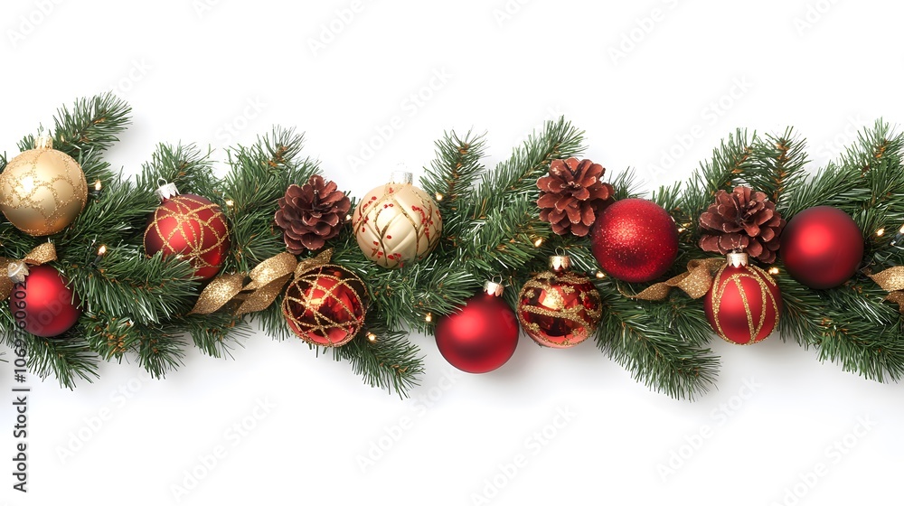 Christmas garland with red and gold ornaments, pine branches, and ribbons on a white background. PNG transparent Christmas garland with red and gold ornaments, pine branches, and ribbons on a white background. PNG transparent