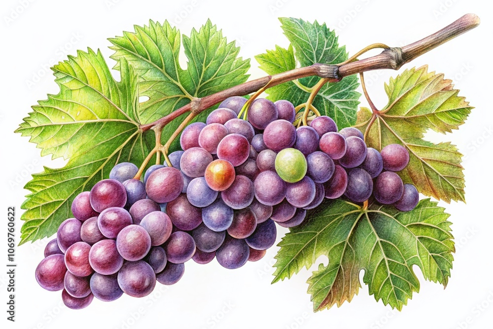 Fototapeta premium Intricate Pencil Drawing of a Grape Branch with Lush Berries Perfect for Product Photography and Artistic Displays in Culinary, Beverage, and Home Décor Settings