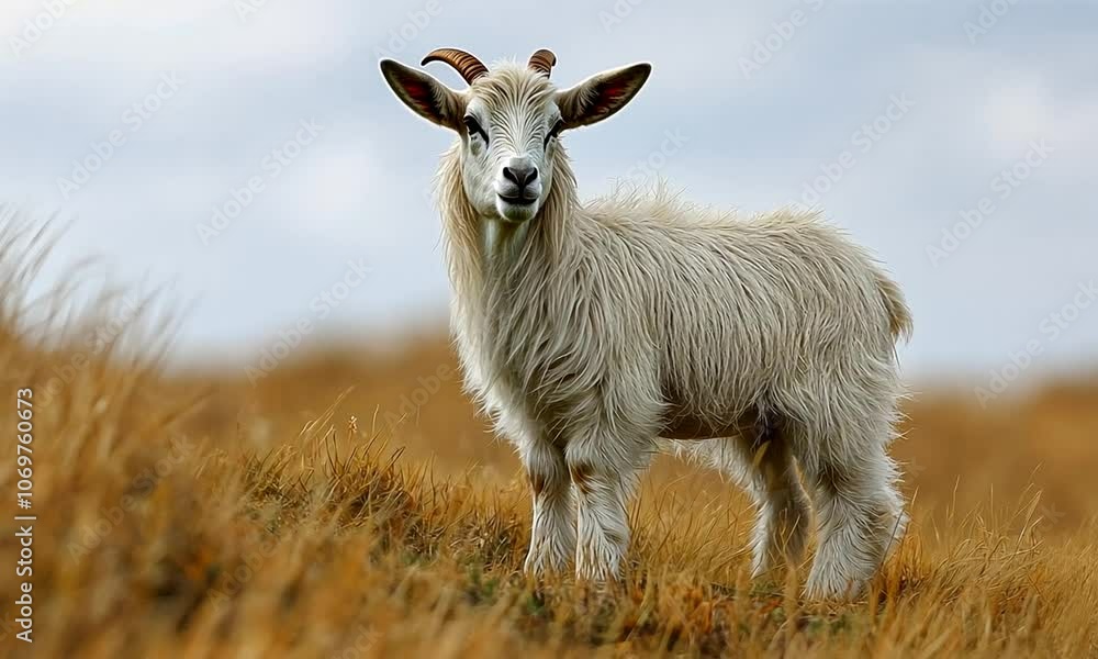 A fluffy white goat standing in a grassy field under a cloudy sky. A fluffy white goat standing in a grassy field under a cloudy sky.