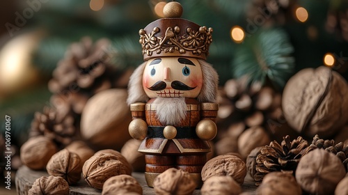 A traditional wooden nutcracker toy with a golden crown, standing amongst walnuts and pine cones.
