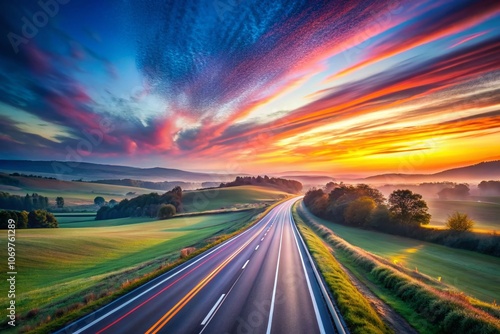 Journey Begins on Open Road at Sunrise: Captivating Long Exposure Shot of a Serene Highway with Soft Light, Warm Colors, and the Promise of Adventure at Dawn