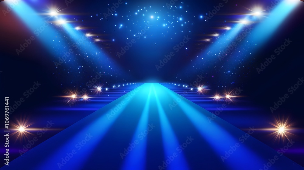 Bright Blue Runway with Light Streaks and Stars, Ideal for Presentations, Award Ceremony Events, and Technology-Themed Backgrounds. Luxury Scene Design Concepts. Vector illustrations. Bright Blue Runway with Light Streaks and Stars, Ideal for Presentations, Award Ceremony Events, and Technology-Themed Backgrounds. Luxury Scene Design Concepts. Vector illustrations.