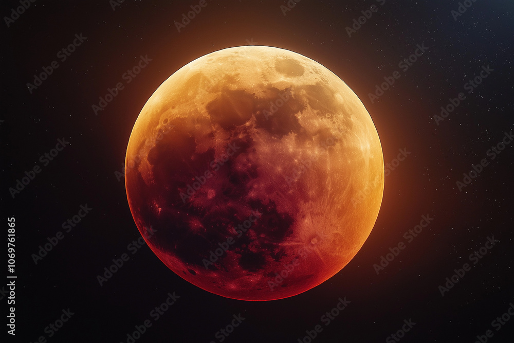Obraz premium A red moon, with a gradient color from orange to dark brown. The background is a black sky