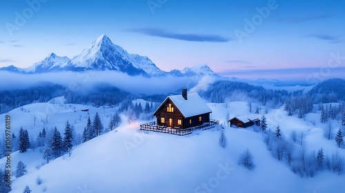 Snowy Mountain Cabin With Illuminated Windows