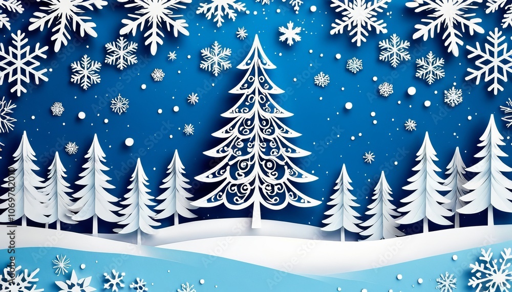 Winter wonderland with paper cut trees and snowflakes in a blue snowy landscape Winter wonderland with paper cut trees and snowflakes in a blue snowy landscape