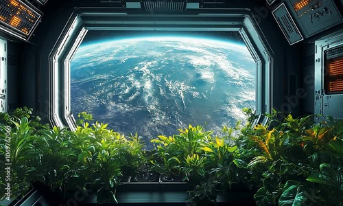 View of Earth from a spaceship window with lush plants inside.