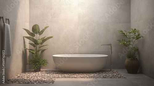 Modern Bathroom Interior Design with Freestanding Tub Stone Walls and Plants