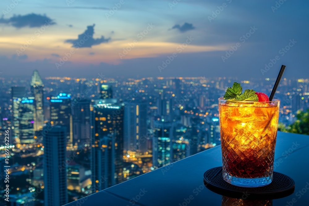 Naklejka premium Enjoying cocktail on rooftop bar with stunning kuala lumpur skyline view at sunset