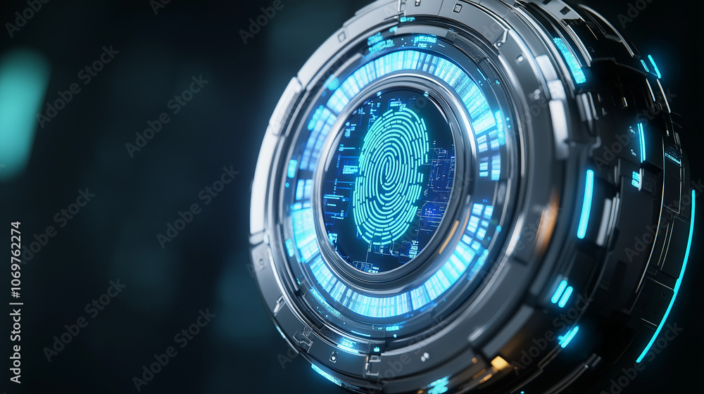 Futuristic 3D token with a biometric fingerprint icon Futuristic 3D token with a biometric fingerprint icon
