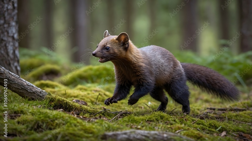 Fototapeta premium Dash Through the Clearing: A Pine Marten's Wild Chase