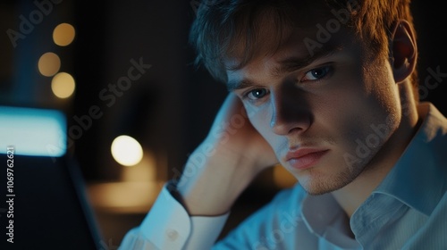 Contemplative Late-Night Worker photo