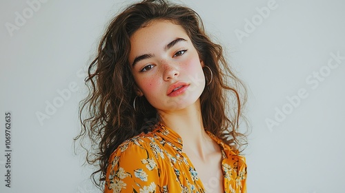 Confident Young Woman in Floral Top Portrait photo