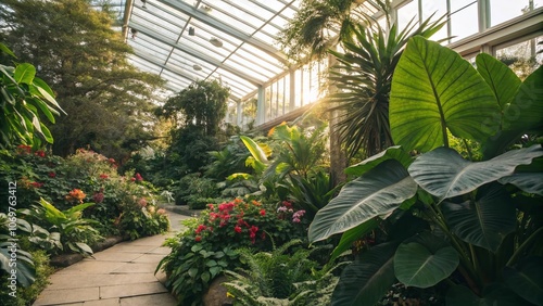 Lush Tropical Greenhouse with Vibrant Plants and Exotic Flora Showcasing Nature's Beauty in a Serene Indoor Environment for Food Photography Inspiration