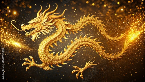 Luxurious 3D Gold Glittery Flowing Lines Chinese Dragon Pattern Background Illustration for Tattoos, Emblems, Logos, and Greeting Cards with Glowing Shiny Effects