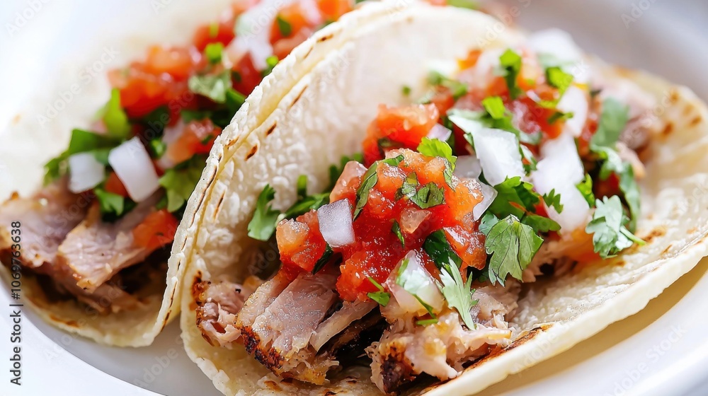 Savor delicious pork carnitas tacos with fresh salsa roja Savor delicious pork carnitas tacos with fresh salsa roja
