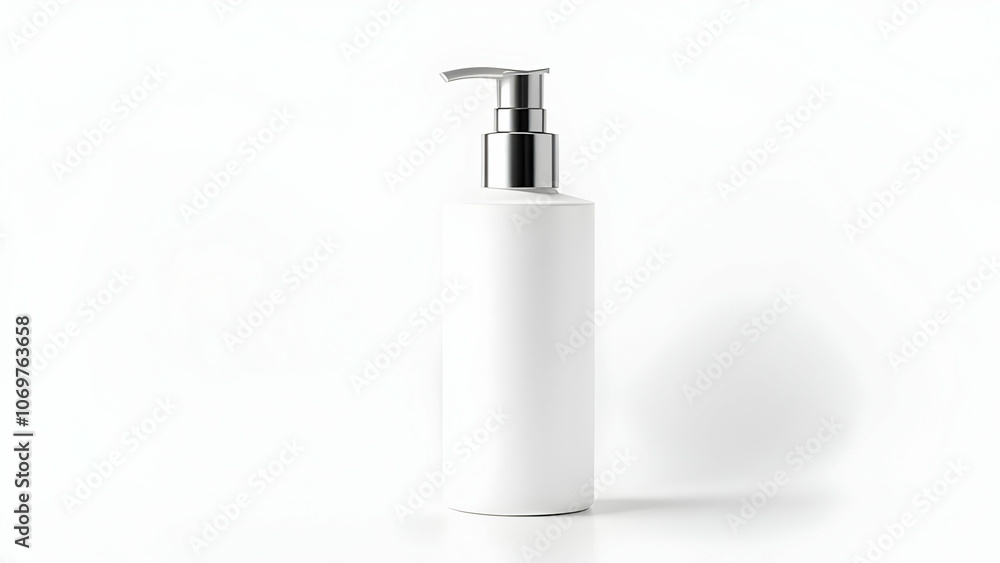 A white plastic pump bottle with a silver top is isolated on a white background, with a slight shadow underneath. A white plastic pump bottle with a silver top is isolated on a white background, with a slight shadow underneath.