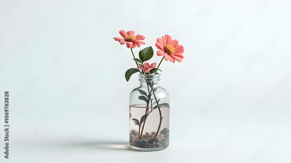 Obraz premium Minimalist Pink Flowers in Glass Vase with Water and Pebbles