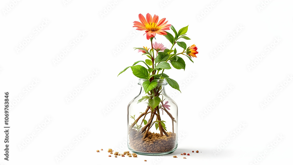 Obraz premium Blooming Flowers in a Glass Jar with Soil and Roots