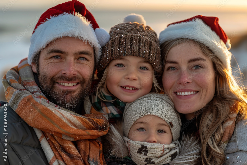 Portrait of a family of four, two adults and two children, wearing Santa hat passing the holidays on vacations on the coast with ocean and sunset in background Portrait of a family of four, two adults and two children, wearing Santa hat passing the holidays on vacations on the coast with ocean and sunset in background