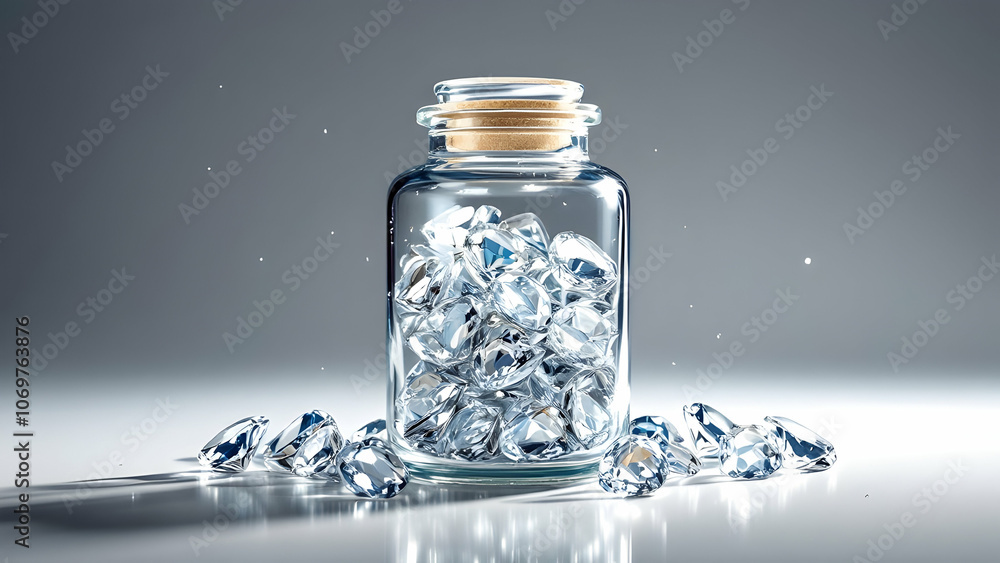 A glass jar filled with sparkling diamonds, some spilled on a reflective surface, symbolizing luxury, wealth, and preciousness. A glass jar filled with sparkling diamonds, some spilled on a reflective surface, symbolizing luxury, wealth, and preciousness.