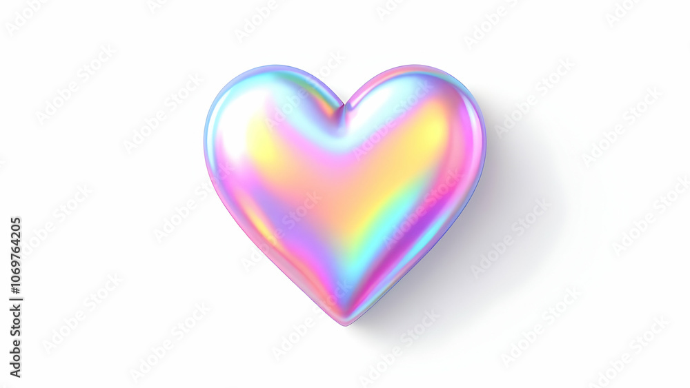 Fototapeta premium A 3D rendering of a holographic heart shape on a white background. The heart is shiny and has a rainbow effect.