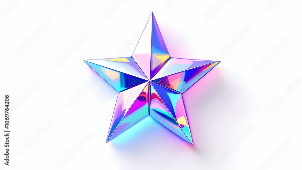 3D Render of a Shiny Iridescent Geometric Star isolated on White Background 3D Render of a Shiny Iridescent Geometric Star isolated on White Background