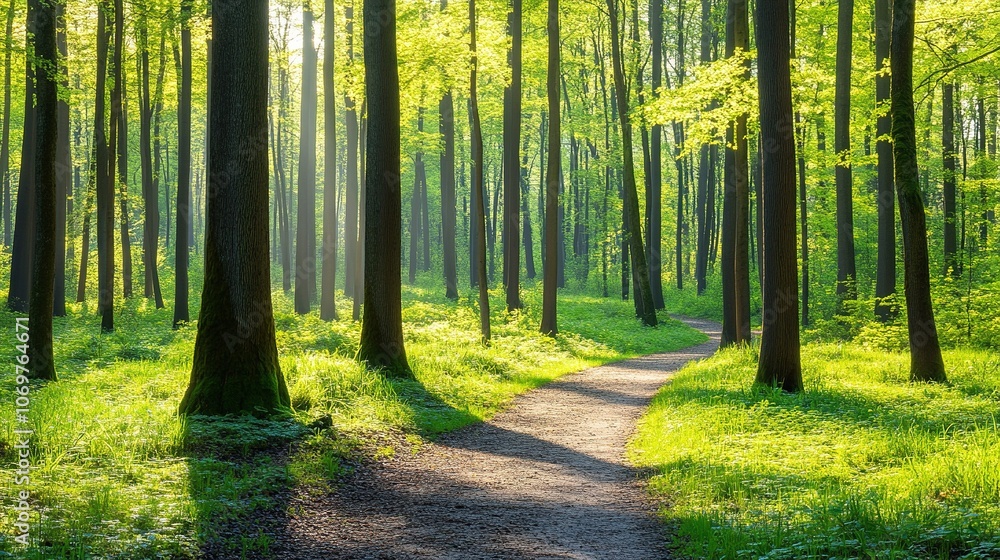 Sunbeams Through Forest Trees on Path Sunbeams Through Forest Trees on Path