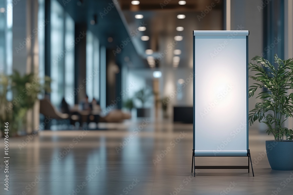 Blank Roll Up Banner Mockup in Modern Office Lobby: A sleek, modern roll-up banner mockup in a contemporary office lobby, providing a blank canvas for your creative designs and presentations. Blank Roll Up Banner Mockup in Modern Office Lobby: A sleek, modern roll-up banner mockup in a contemporary office lobby, providing a blank canvas for your creative designs and presentations.