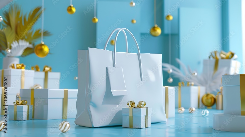 Stylish shopping bag surrounded by gift boxes with copy space Stylish shopping bag surrounded by gift boxes with copy space