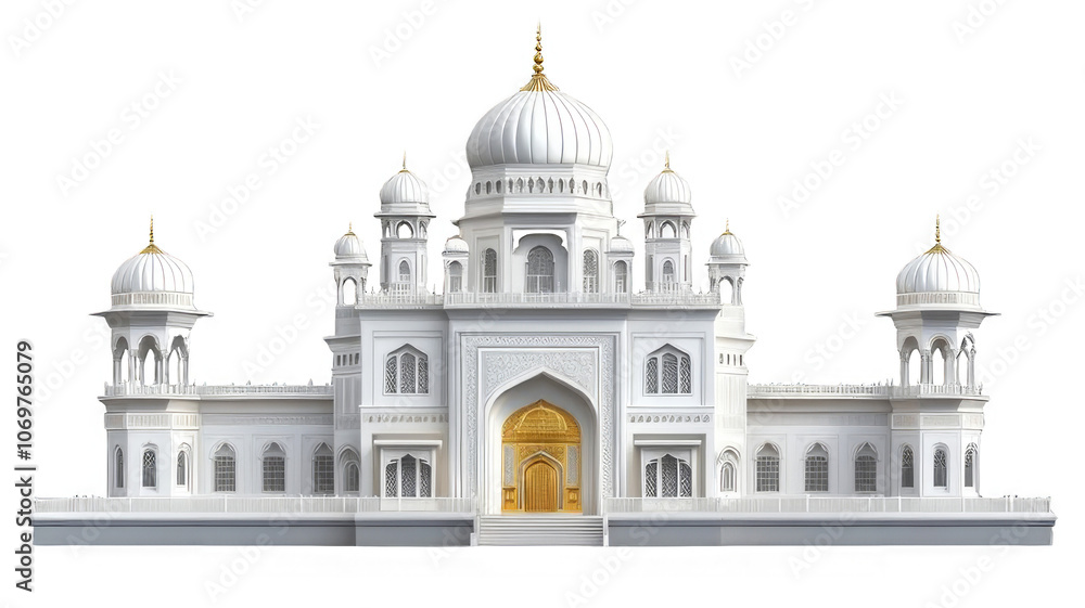 A large white building with a gold door and multiple domes. A large white building with a gold door and multiple domes.