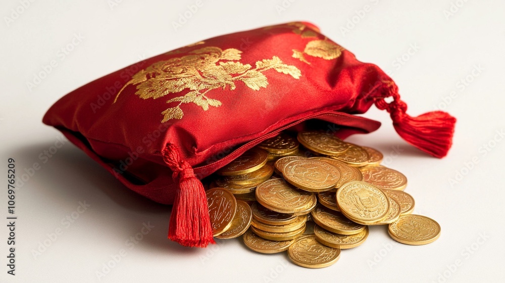 Naklejka premium Chinese Red Silk Pouch with Golden Coins – Symbol of Wealth and Good Fortune