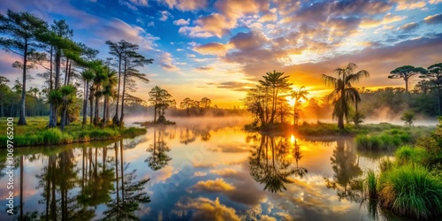 Majestic Dawn over Big Cypress Swamp: A Serene Landscape of Mist, Water Reflections, and Lush Vegetation in the Early Morning Light photo