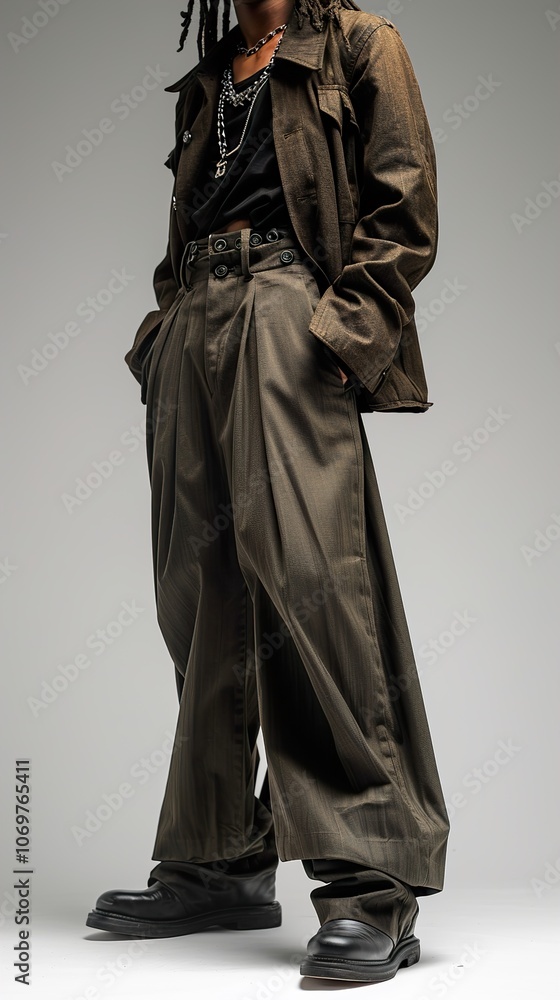 Streetwear Fashion: A Model Wearing a Stylish Outfit with Wide-Leg Trousers and a Jacket Streetwear Fashion: A Model Wearing a Stylish Outfit with Wide-Leg Trousers and a Jacket