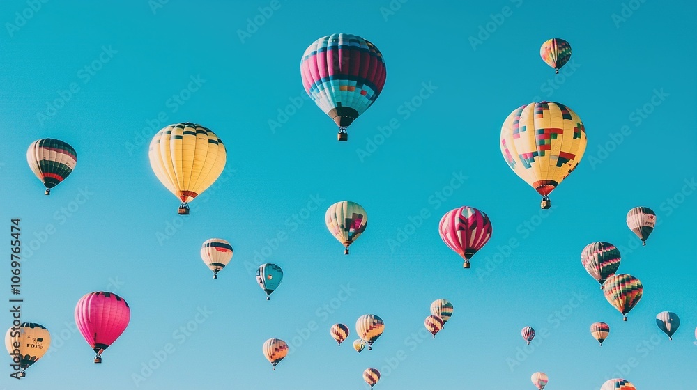 Colorful Hot Air Balloons Soaring in Blue Sky Colorful Hot Air Balloons Soaring in Blue Sky