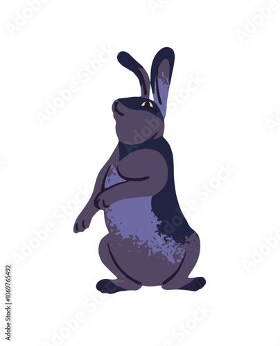 Funny gray rabbit with long ears. Cute little bunny stands on hind legs. Domestic or wild hare icon. Lovely small animal of farm or forest. Flat isolated vector illustration on white background
