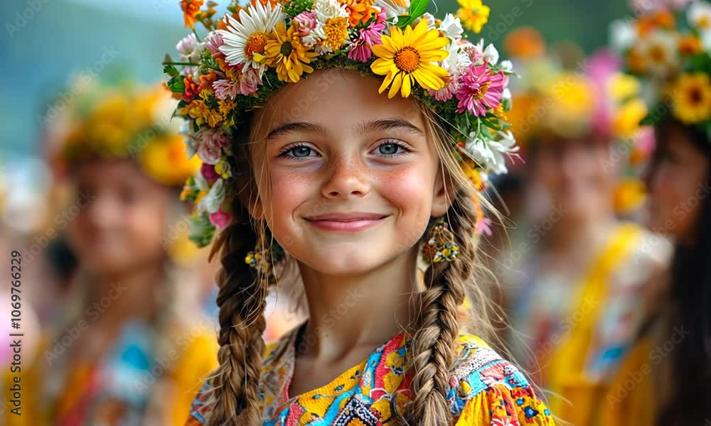 A smiling girl in a floral crown, celebrating cultural traditions. A smiling girl in a floral crown, celebrating cultural traditions.