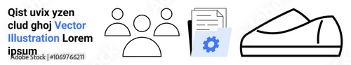 Group of three people, gear with documents, and a sneaker. Ideal for teamwork, work organization, activity, productivity, sports, file management, project management. Landing page