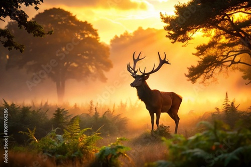 Majestic Red Deer Stag Silhouette in Misty Landscape at Dawn, Capturing Nature's Serenity and Beauty in a Tranquil Environment, Perfect for Wildlife and Landscape Photography Enthusiasts