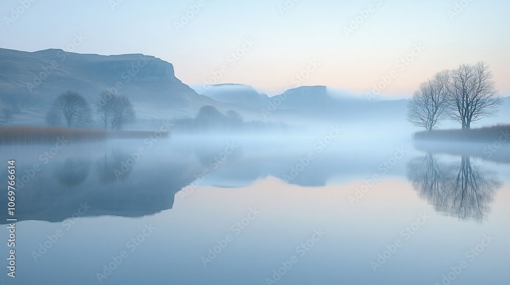 Fototapeta premium A misty lake with mountains in the background, reflecting in the still water at sunrise.