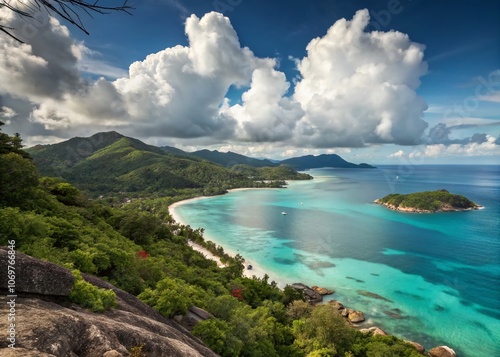 Majestic Surreal Panorama of Seychelles Island Near Praslin with Dreamlike Clouds and Turquoise Waters, Capturing the Essence of Tropical Paradise in Stunning Detail