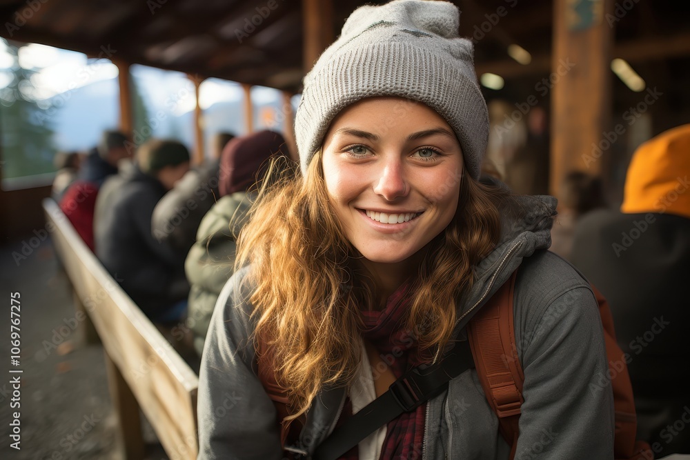 Fototapeta premium A young woman at a train station is happy and relaxed