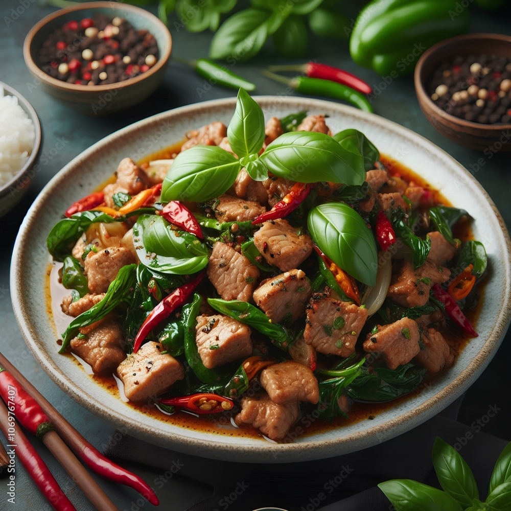 Thai basil pork stir-fry with the aroma of basil and chili. Thai basil pork, stir-fry, basil, chili, Thai cuisine, spicy Thai basil pork stir-fry with the aroma of basil and chili. Thai basil pork, stir-fry, basil, chili, Thai cuisine, spicy